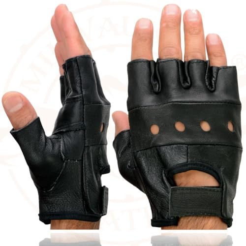 Image of Milwaukee Leather SH198 Men's Black Flame Embroidered Fingerless Gloves with Gel Palm | Padded Comfort; Vibration Relief; Flame Embroidery