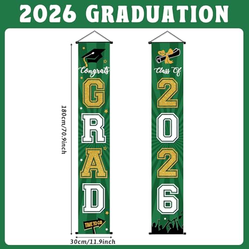 Image of Graduation Banner 2026 Graduation Decorations Green and Gold Grad Banner Porch Sign Class of 2026 Door Decor Congrats Hanging Backdrop Green Gold Grad Party Decor for School Congratulations Supplies