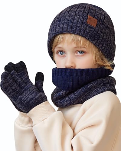 Image of Kids Winter Hat Gloves Scarf Set,Mixed-color Beanie hat Knit Neck Fleece Lining Touchscreen Gloves for Girls Boys 4-10Y