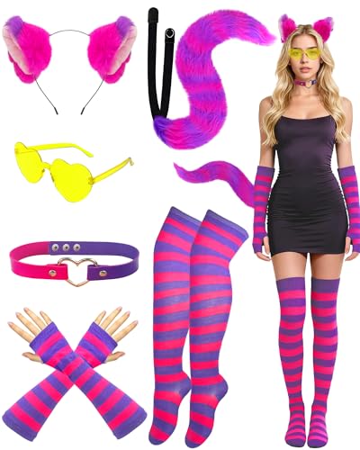 6Pcs Cat Costume Accessories Pink and Purple Striped, Cat Ears Headband Socks Furry Tail Gloves Glasses Animal Cosplay Gifts for Party Dress-up Adult Women