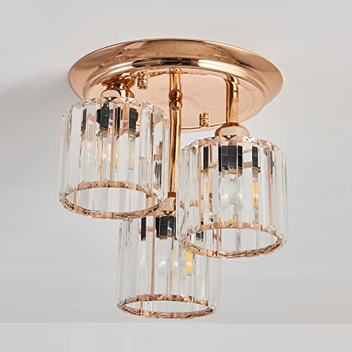 Cvkash 3-Light Crystal Rose Gold Chandelier Modern Matte Semi Flush Mount Ceiling Light Fixture H11.02'' X D11.81'' Ceiling Lighting For Bedroom Kitchen Dining Room Hallway #TOP1