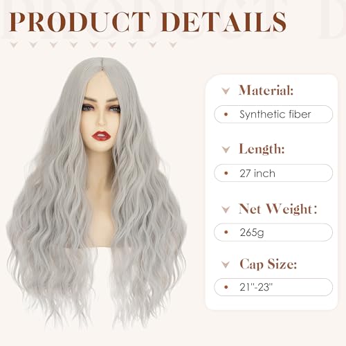 Image of S-noilite Long Grey Cosplay Wig for Women 27 inch Curly Wavy Middle Part Wig Heat Resistant Synthetic Hair Halloween Costume Party Daily Use Colorful Wigs