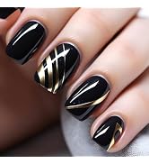 Coquette Press on Nails Short Square 24Pcs Glossy Gold Curve Line Acrylic False Nails Curve Line ...
