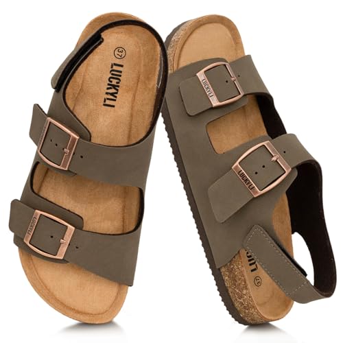LUCKYLI Toddler Kids Sandals Boys Girls Cork Footbed Sandal Comfort Double Buckle Slip On Open-toe Slides with Adjustable Back Strap (9 Toddler, Brown)