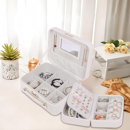 Image of BUCKETLIST PU Leather Jewellery Organizer Box with Mirror & Necklace Hooks | Large Multi-Compartment Jewelry Storage Case with Removable Tray & Mini Travel Box (Luxury Jewelry Box with Mirror (White)