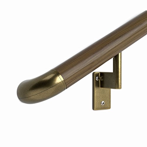 Promenaid 5 Ft. Handrail Kit - Complete Indoor/Outdoor Hand Rail Kit For Steps – Genuine Black Walnut Bonded To Aluminum Core With 3 Antique Brass Wall Brackets And Ada Returns – 1.6” Round – Overall Length: 65” #TOP29