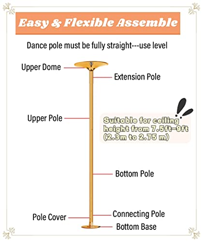 CIRCIR Spinning Pole Portable Removable Gold Dancing Pole 45mm Spinning & Static - Portable Fitness Exercise Stripper Professional Pole Dancing Kit for Home Apartment Gym Club, Loads 200kg - Thumbnail 2