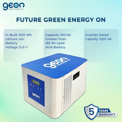 Image of Geon GELITHIUM, 1250 VA Pure Sine Wave Inverter Integrated with 1280Wh Lithium-Ion Battery for Home, Office & Shop, 100 Ah, Long Backup Equivalent of 160 Ah, Smart BMS, 5 yrs Warranty