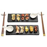 Sushi Set 30x10 cm, Sushi Geschirr Set 2er Set, Sushi Teller Sushi Geschirr Sushi Platte Schieferplatte Sushi Servierset mit Dip-Schälchen, Stäbchen