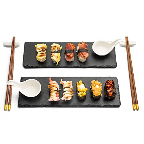 Set de sushi pour 2 personnes, set de vaisselle à sushis, 10 TLG, 2 plaques d'ardoise, 2 bols à sauce, 2 paires de baguettes et 2 porte-baguettes, assiettes à sushi en ardoise avec 2 crayons à craie Cover