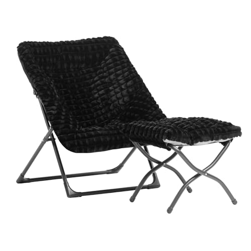HollyHOME X-Large Saucer Chair with Foldable Ottoman, Comfy Oversized Folding Chair and Folding Footrest Stool Set, Faux-Fur Reading Chair and Footstool for Living Room, Bedroom, Black Chair&Stool