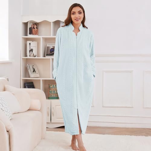 Image of LYCY Women Plush Zipper Robe, Long Fleece House Coat Nightgown with Pockets Solid Bathrobe