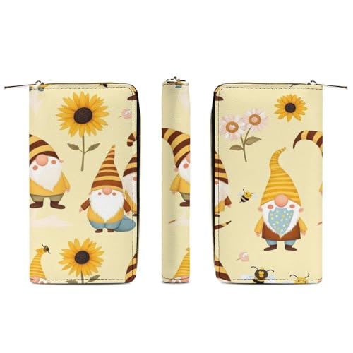 Women's Cute Decor Wallet, Long PU Zipper Wallet, Travel Purse Fashion Design, Huge Storage Capacity Purse Honey Bees Cute Gnome Sunflower Floral3