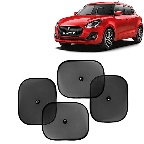 Image of KINGSWAY Car Window Curtain Sticky Sun Shades Compatible with Maruti Suzuki Swift, (Year 2018-2020), Universal Fit Sunshades for Side Window, Rear Window, Black Color, 4 Pieces
