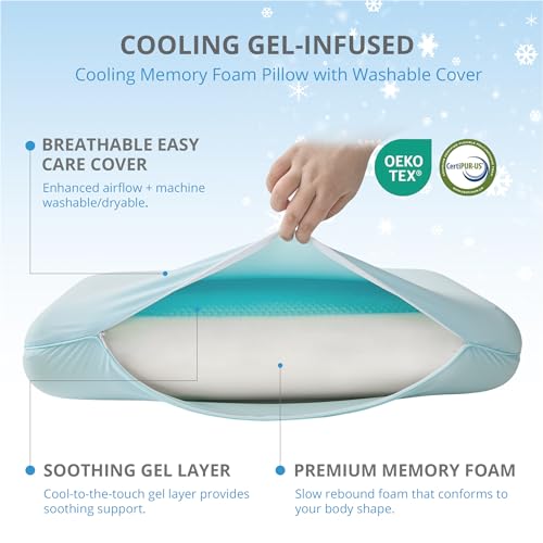 Image of Cooling Gel Memory Foam Pillow for Hot & Side Sleepers, Neck Support, Blue | Ergonomic Pressure Relief, Fits Back & Stomach Sleepers, Reversible Removable Machine Washable Cover, Night Sweats Relief