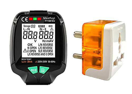 amiciSense Socket Tester, 230VAC Voltage Detector Circuit Analyzer with RCD Test, Backlit, LCD Display and 2xCR2032 Battery, Black