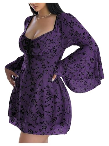 Image of Floerns Women's Plus Size Floral Gothic Dress Flare Long Sleeve Mesh Grunge A Line Dress