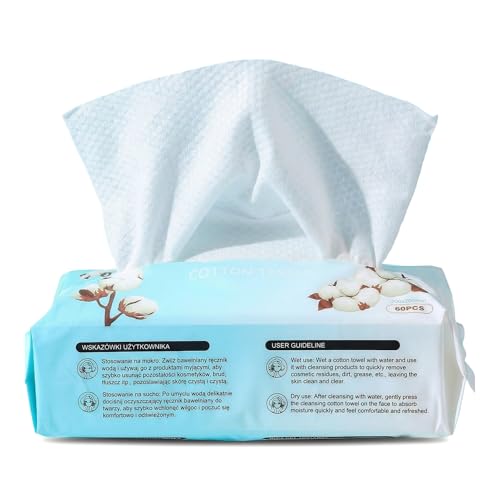 Toallitas Faciales Desechables 100% Algodón, Toallas Secas Limpieza Facial, Paños Desmaquillantes Secos y Húmedos, Toallitas Cara Sin Pelusa, Piel Sensible, 20 x 20 CM (60 Toallita / 1 Pack)