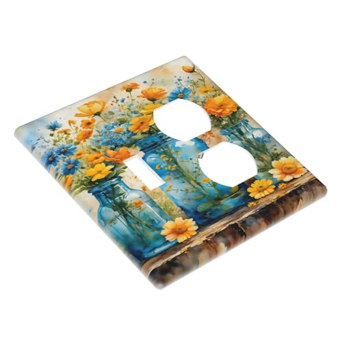 Decorative Outlet Covers Rustic Yellow Flowers Floral Blue Bottles 2 Gang Wall Plate Cover Single Toggle Duplex Combo Two Switch Light Switch Cover Plate Jumbo Dual GFCI Faceplate