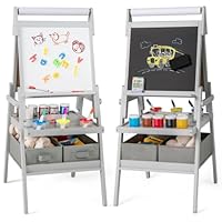 COSTWAY 3 in 1 Kids Art Easel, Double-Sided Toddler Drawing Board with Magnetic Whiteboard & Chalkboard, Paper Roll, 3 Paint Cups, Storage Bins and Racks, Children Easels for 3-6 Yeas Old