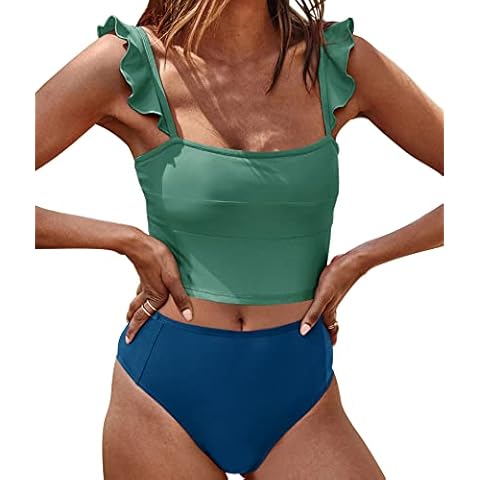 Gevomir Bikini Sets for Women High Waisted Summer Sexy Swimsuits Womens Bathing Suits Cute Swimwear 2 Piece Swimsuit Dark Green Cover