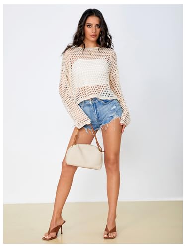 Image of Verdusa Women's Crochet Hollow Out Drop Shoulder Sweater Knit Pullover Tops Apricot Medium
