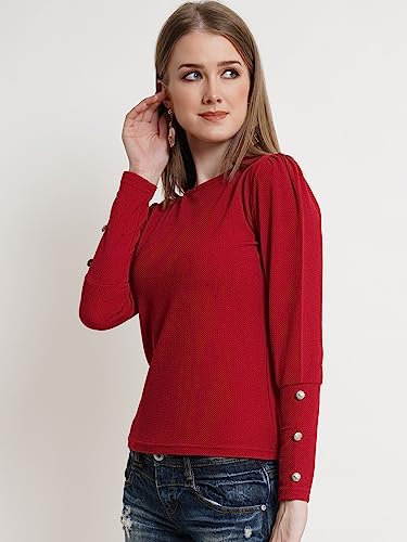 Image of POPWINGS Casual Solid Puff Button Long Sleeves Top for Women || Summer Round Neck Stylish Western Top for Jeans