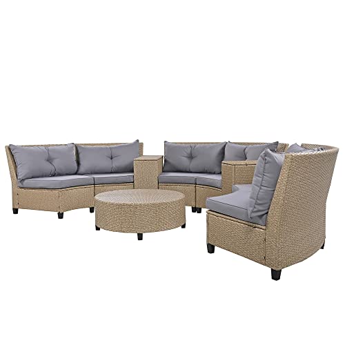 Lumisol 9-Piece Outdoor Half-Moon Furniture Set Patio Sofa Set With Round Coffee Table For Deck, Porch, Terrace (Gray Brown, 9 Piece) #TOP7