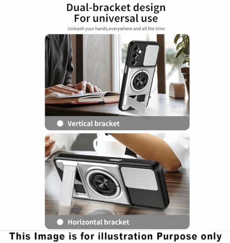 Image of Back Cover for Motorola Moto G85 5G | Armor Camera Slider 360 Degree Rotating Finger Ring Holder Case with Bracket Stand Back Case Cover (Silver)