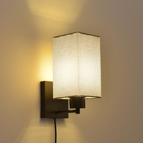 Image of KOONTING Plug in Wall Sconce Set of 2, Rustic Wall Lamp Wall Light Fixture | With Plug-in Cord and On /Off Toggle Switch, Grey Fabric Shade Wall Light for Headboard Bedroom Living Room (Square-Grey)