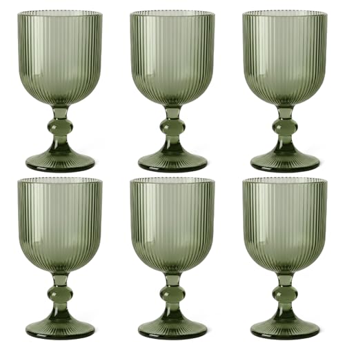 Lot de 6 verres à vin et verres à vin cannelés, ligne striée, verre à long drink, verres à cocktail avec gaufrage, verre à vin, verre à eau (verre à vin vert)