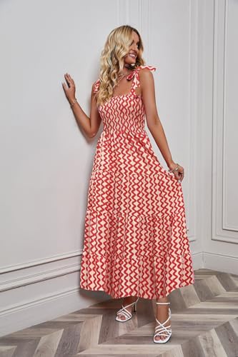 Image of kinstell Women's Summer Boho Spaghetti Strap Square Neck Ruffle Casual Flowy Long Dress Beach Swing Party Maxi Dress