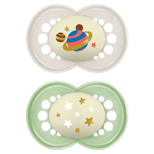 MAM Chupete de Látex de Caucho Natural, Brilla en la Oscuridad, a Partir de 16 Meses, con Tetina Simétrica, Plana y Flexible, con Caja Autoesterilizadora, Neutro Brillante, Pack de 2uds