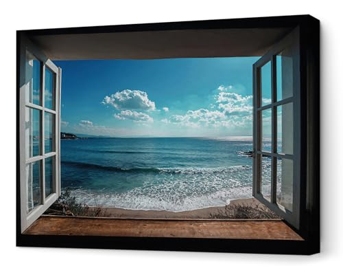 Panorama Cuadros Decoración Salón Modernos - Ventana Playa 120x80 cm - Bastidor de Madera - Lienzos Decorativos para colgar en Pared - Regalos Originales para Dormitorios, Cocina, Habitación