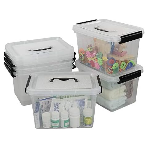 Asking 6 L Plastic Storage Box with Handle, 6-Pack Clear Storage Latch Boxes Cover