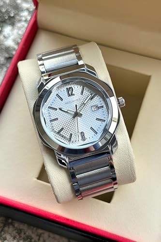 Image of AMERICANVIBER Men's Stainless Steel Watch, White Textured Dial, Analog Quartz Movement, Date Display, Water-Resistant, Silver Tone Bracelet for Men