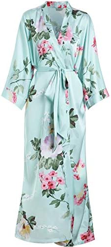 Aensso long soft silk y kimono robes for women, teal floral plum lightweight bridal bridesmaid robe for wedding party