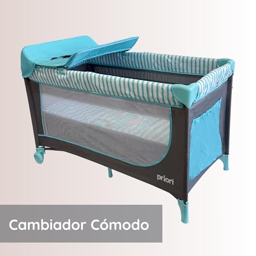 Priori Baby Nauta berço de viagem dobrável 5 em 1 para bebé, portátil, parque, trocador, ginásio e organizador, malha respirável rodas com travão bolsa de transporte, 0-3 anos até 15 kg (azul)