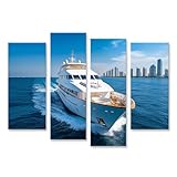 islandburner Prime Bild auf Leinwand Luxusyacht vor der Skyline der Stadt für Wohnzimmer Yachtliebhaber Reisebüro Bilder Wandbilder Poster