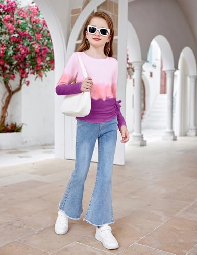 Image of Arshiner Girls Long Sleeve Shirts Ruched Knot Side Tunic Blouse Tee Tops