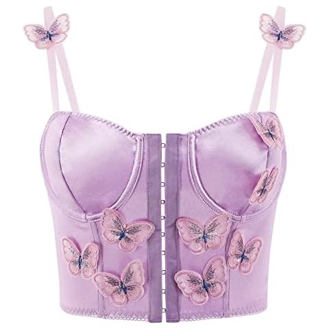 Haoohu Women Satin Silk Butterfly Corset Crop Top Bustier Front Buckle Tank Tube Cami Top Sleeveless Clubwear (Purple XS) Cover