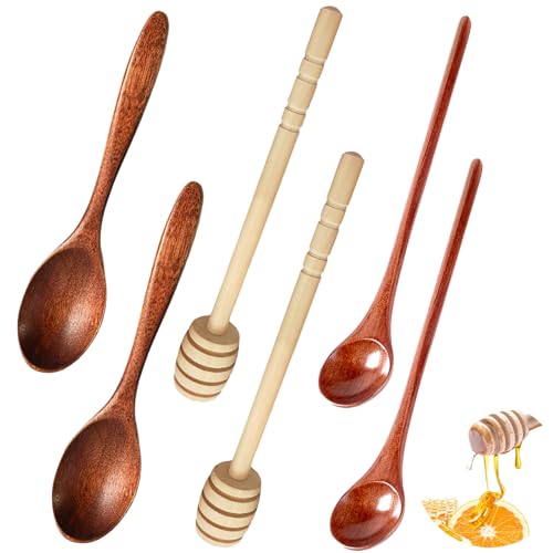 Scettar Lot de 6 Cuillères à Miel,2 Cuillères à Long Manche en Bois de 20 cm,Bâtonnets Mélangeurs en Spirale de Miel,Cuillere Miel Bois pour...