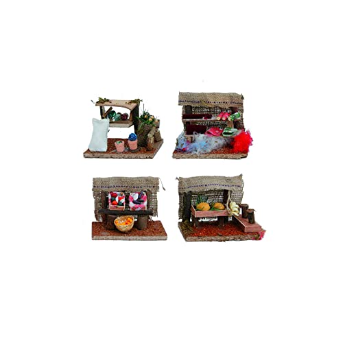 Kit da 4 pezzi diversi in Resina di buona qualità e fattura raffiguranti Contadini: 1) Banco del PANE con anfore e uva; 2) Banco dei TESSUTI E SARTO; 3) Banco dei Legumi e Cereali; 4) Banco del Fruttivendolo con frutta e verdura.