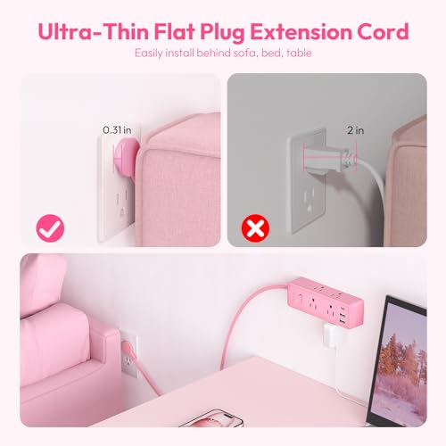 NTONPOWER Pink Extension Cord 10 ft, Protector contra Sobretensiones 1080 Joules, Regleta con 6 Tomas y 3 USB (1 USB-C), Cable de Extensión Plano para Hogar Oficina Dormitorio miniatura 4