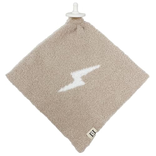 Image of L+L USA Lightning Bolt Baby Lovey Pacifier /Teether Holder 10 inchx10 inch - DreamSoft Plush Fluffy Cuddly Soothie Reversible Mini Comfort Blanket - Cute Newborn Gift Essential Babies Boys Girls (Tan /White)