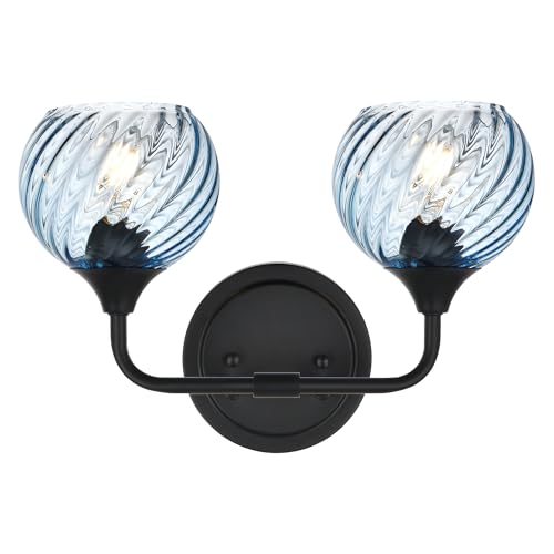 Image of MELUCEE 15 Inch 2 Light Bathroom Wall Lights with Blue Striped Swirl Glass Shade, Black Bathroom Lights Over Mirror Vanity Lighting Fixtures Wall Lamp for Bathroom, Living Room, Hallway