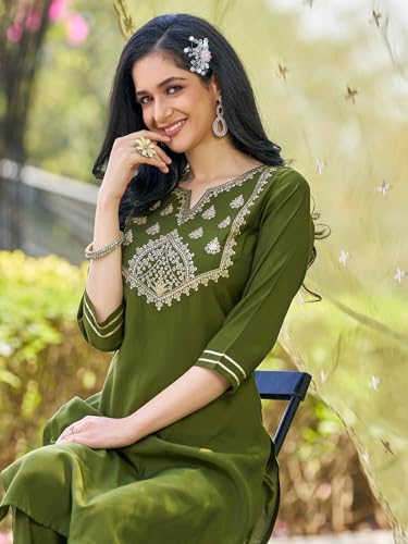 Sanisa Women's Silk Blend Sequence Embroidery Work Straight Kurta With Pant And Dupatta (129Kbd1395N-L_Mehndi Green)