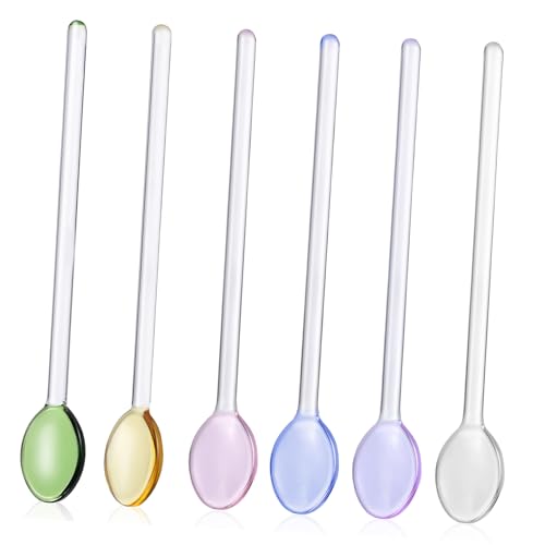 UKCOCO 6 piezas Cucharas de Vidrio Largas para Café y Postres Colores Vibrantes Agitadoras Resistentes Aptas para y Servir Bebidas Salsas