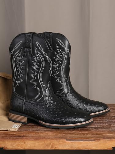 Men's raised ostrich square casual boots, Western cowboy Classic embroidered square calf boots2