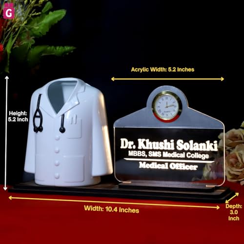 Image of Doctor Coat Pen Stand with LED Name Plate, Clock & Wooden Base | Customized Desk Organizer for Doctors & Medical Aspirants | Apron Shape Pencil Holder with Stylish Name Engraved Plate